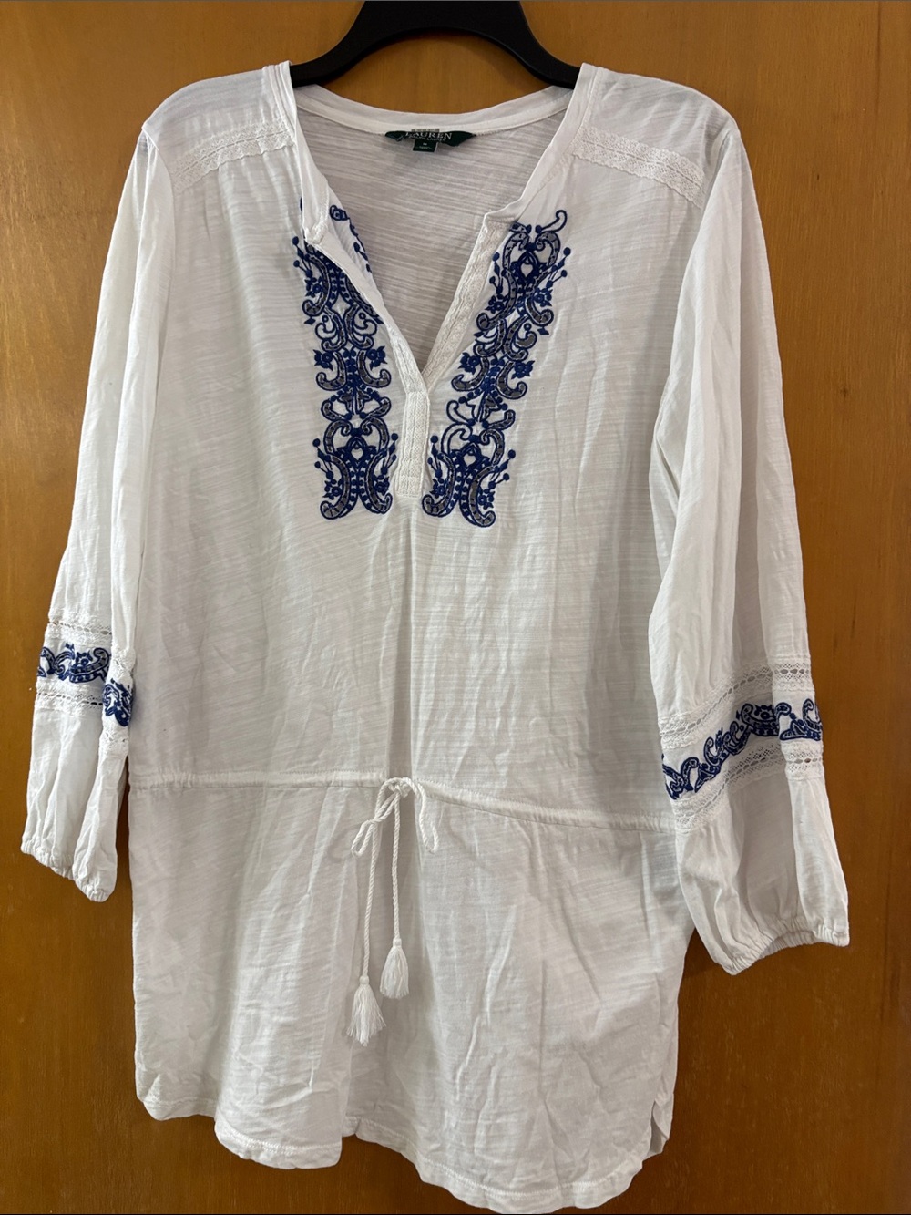 Lauren Ralph Lauren White Tunic with Navy Embroidery Beach Cover up